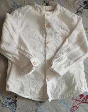 Zara Toddler Boy White Mandarin Collar Linen-Cotton Blend Button-Up Shirt Size 1